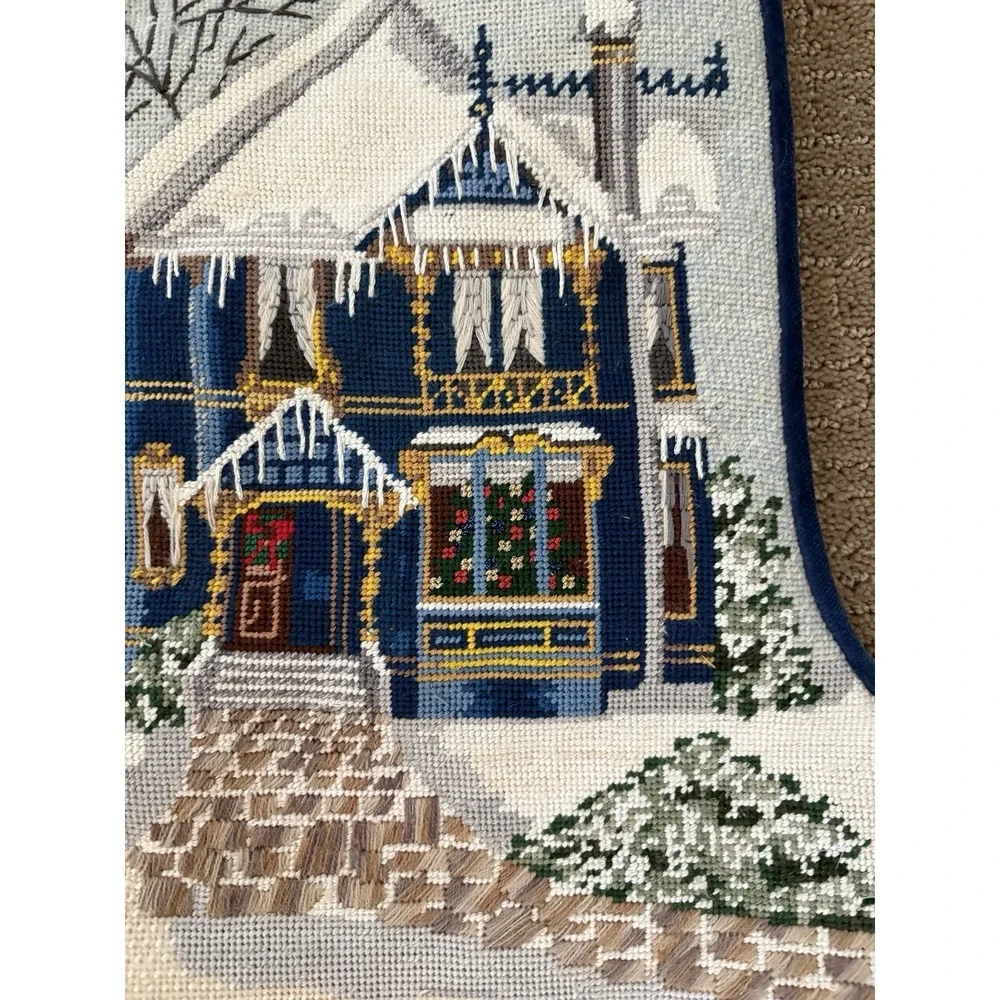 Vtg Needlepoint Stocking Christmas Blue Velvet Backed 20 